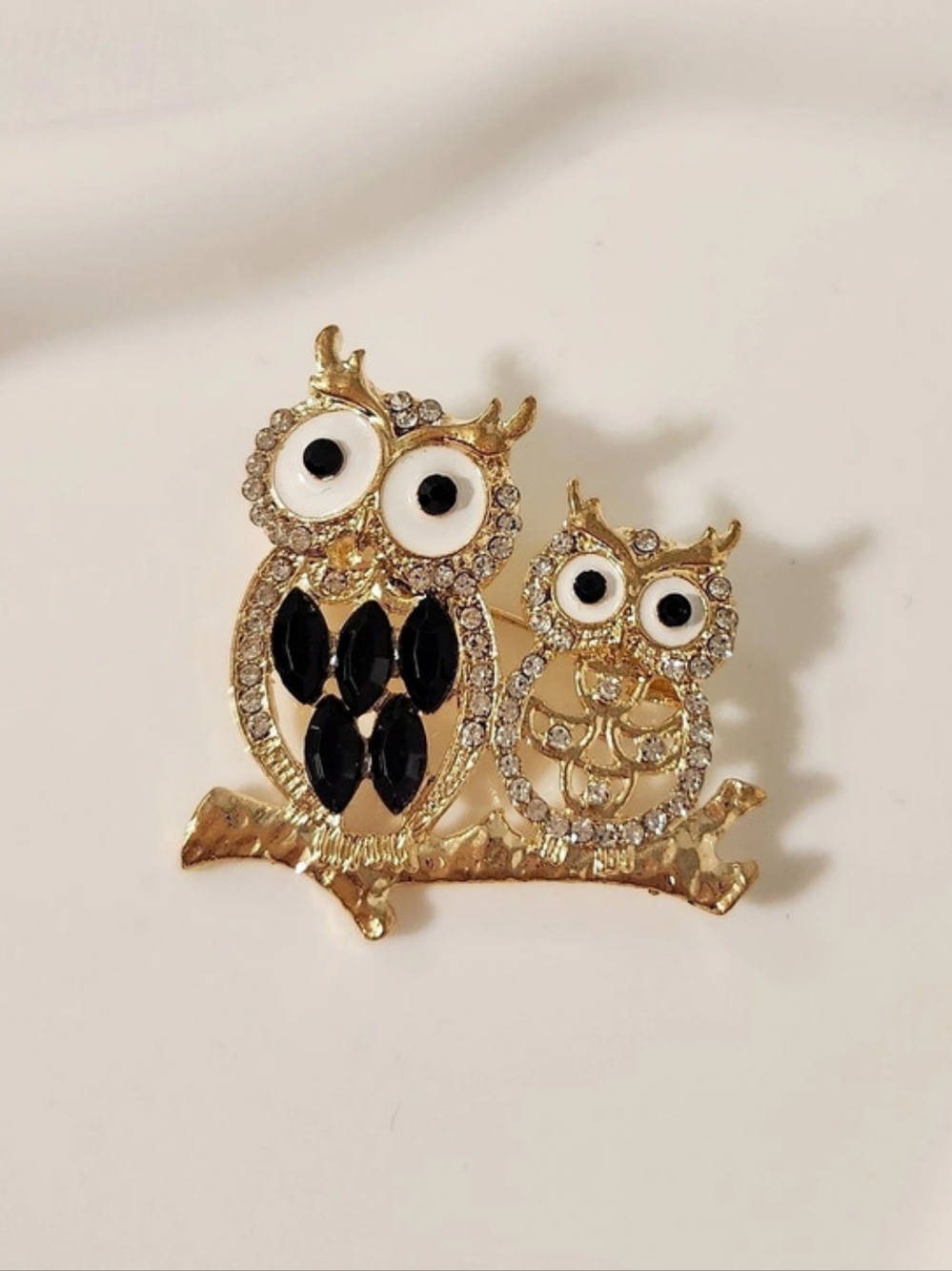 Owl Family Brooch in Gold & Black New Without Tags